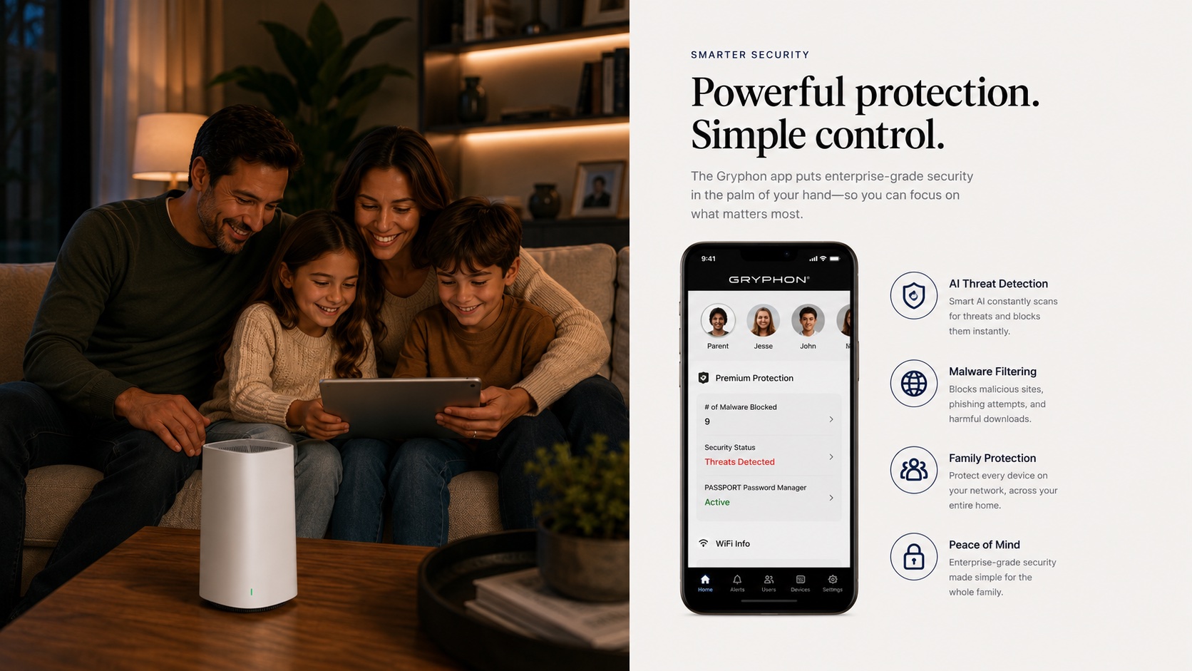 Powerful protection. Simple control. — Gryphon app security dashboard