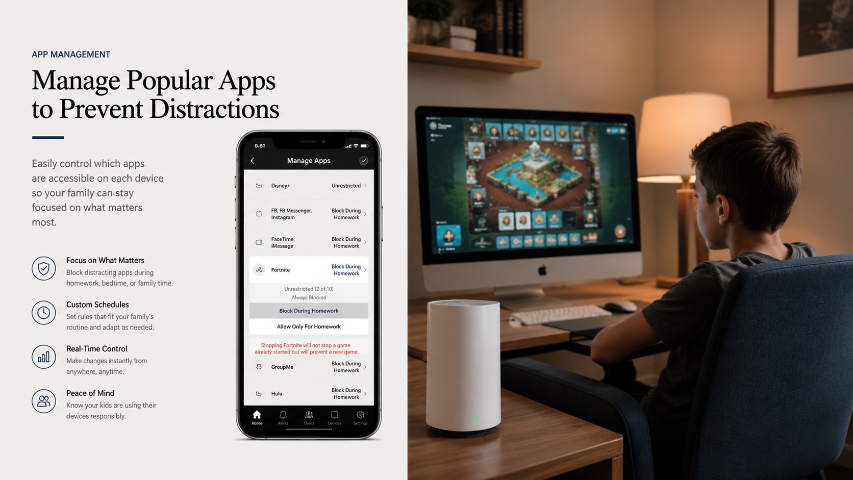 Manage popular apps to prevent distractions — Gryphon app management screen